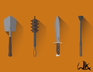 Minimalist designs of four melee weapons from World War One, based on models from the game, Battlefield 1. (from left) Trench spade, spiked trench mace, bolo knife belonging to a member of the US 369th Infantry Division Harlem Hellfighters, and a trench club. October 2016.